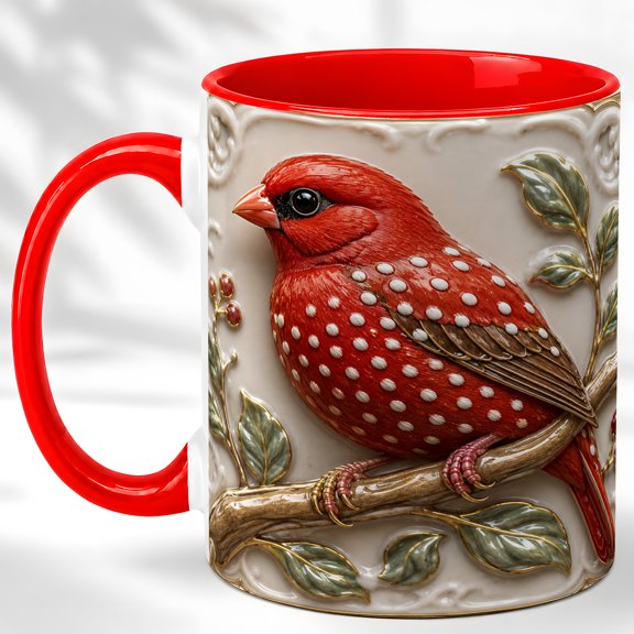Red Spotted Bird Coffee Mug, Classic Leaf Mug, Ceramic 11 oz