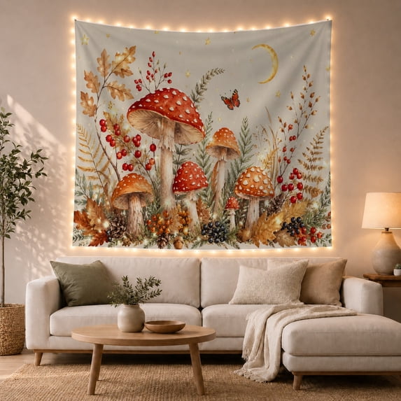 Red Spotted Mushrooms Among Autumn Ferns and Berries, Whimsical Illustration for Nature Lovers, Botanical Forest Art, Housewarming Gift, Tapestry Wall Hanging for Bedroom and Living Room