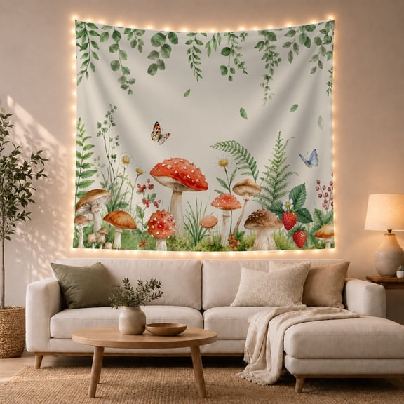 Red Spotted Mushrooms Beneath Leafy Vines, Serene Watercolor for Nature Lovers, Botanical Wall Art, Housewarming Gift, Tapestry Wall Hanging for Bedroom and Living Room