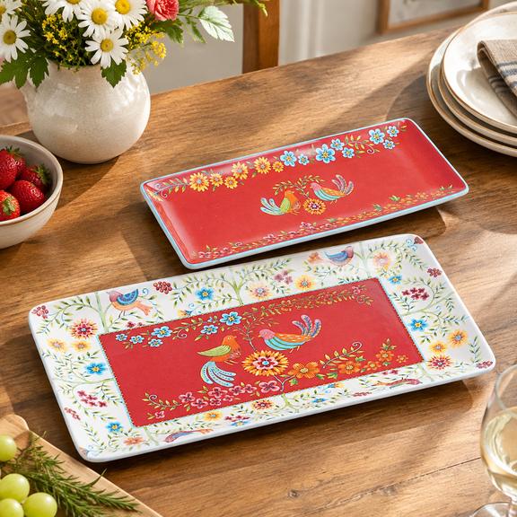 Red Spring Bird Ceramic 14 Inch Rectangular Serving Platter Set of 2