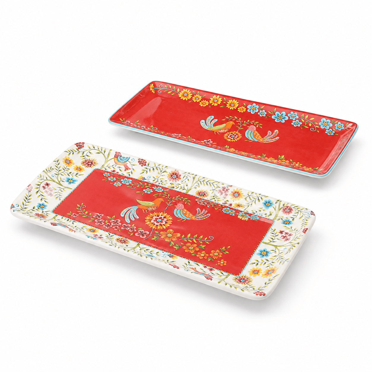 Red Spring Bird Ceramic Rectangular Serving Platter Set, 14 Inch, 2 ...