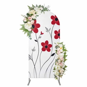 Red Spring Floral Arch Backdrop Cover, Spandex Fitted Wedding Arch Cover, Elegant Summer Botanical Pastoral Round Top Stand Covers for Birthday Ceremony Bridal Shower Party Decor 5x2.1 Ft