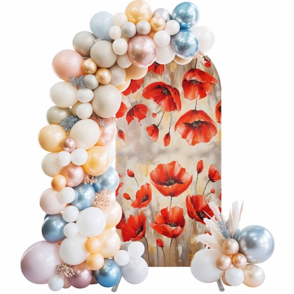 Red Spring Floral Arch Backdrop Cover, Spandex Fitted Wedding Arch Cover, Summer Botanical Watercolor Vintage Round Top Stand Covers for Birthday Ceremony Bridal Shower Party Decor 4x1.65 Ft