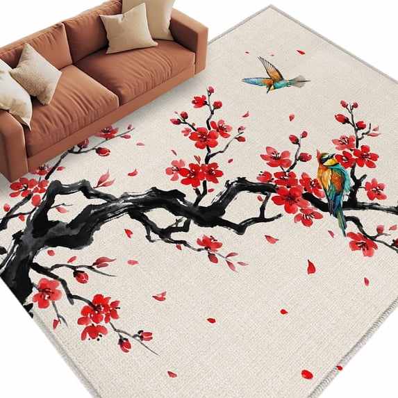 Red Spring Floral Area Rugs Collection 6'x9', Birds Branches Watercolor Flowers Rustic Non Slip Indoor Rectangle Throw Runner Rug Floor Mat Carpet for Living Room Dining Table Bedroom Nursery