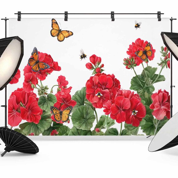 Red Spring Floral Backdrop for Photography, Fabric Photo Background Backdrop, Butterfly Farmhouse Photo Booth Background for Portrait Photoshoot Video Wedding Studio Decoration Banner 8x6ft