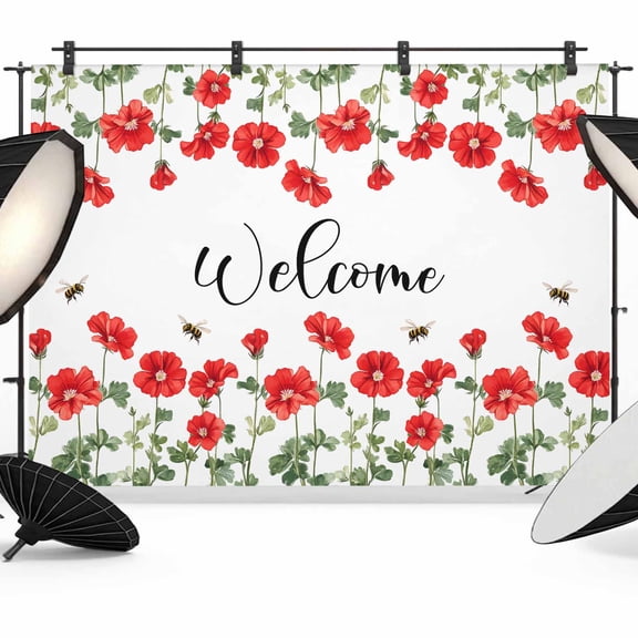 Red Spring Floral Backdrop for Photoshoot, Photography Photo Studio Background Wall Backdrop, Welcome Botanical Summer Bee Back Drop Banner Panel for Portraits Wedding Live Streaming Decor 7x5Ft