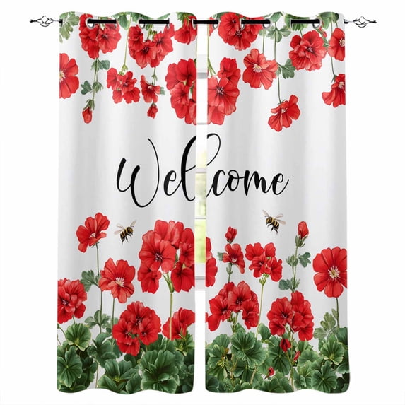Red Spring Floral Blackout Curtains for Bedroom Living Room Darkening Curtains 63 Inches Long Welcome Green Botanical Watercolor Window Curtain 2 Panels Set Window Treatment Grommet Drapes 42"x63"