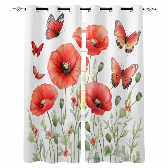 Red Spring Floral Blackout Curtains for Bedroom/Living Room, Thermal Insulated Kitchen Curtains, Butterfly Botanical Summer Pastoral Grommet Darkening Window Treatment Drapes 52"x63"x2