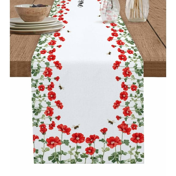 Red Spring Floral Burlap Cotton Table Runner 18x72 Inches Long, Welcome Botanical Summer Bee Farmhouse Table Runners, Outdoor Dining Tablecloths Decor for Baby Shower/Party/Wedding
