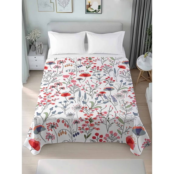Red Spring Floral California King Size Flat Sheet, Wrinkleproof & Fadeproof Cooling Flat Bed Sheet Only, Vintage Botanical Colorful Elegant Breathable Soft Bedding Top Sheets 108 x 98 Inches