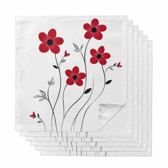 Red Spring Floral Cloth Napkins, Elegant Summer Botanical Pastoral Washable and Reusable Dinner Napkins Set of 6, Table Napkin for Kitchen Party Birthday Wedding Hotel Housewarming 20"x20"