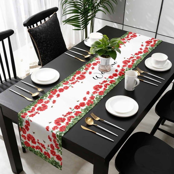 Red Spring Floral Cotton Linen Table Runner 13 x 70 inch Welcome Green Botanical Watercolor Non-slip Rectangular Dining Table Decor for Wedding Party Holiday Dinner