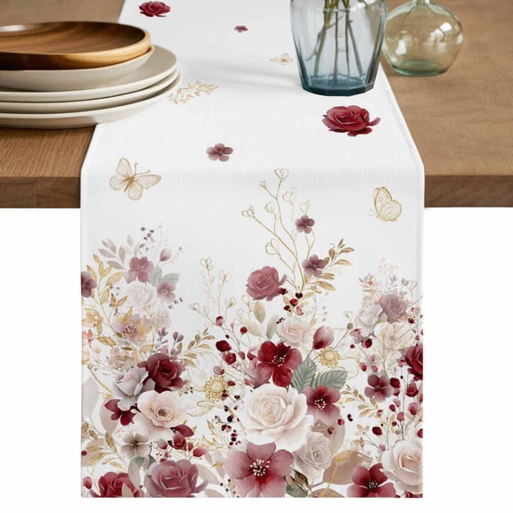 Red Spring Floral Cotton Linen Table Runner for Dining Kitchen, Elegant Pastoral Flowers Watercolor Wedding Outdoor Party Tablerunners Decoration, Dresser Scarf Coffee Tablecloth Runners 13x90 Inches