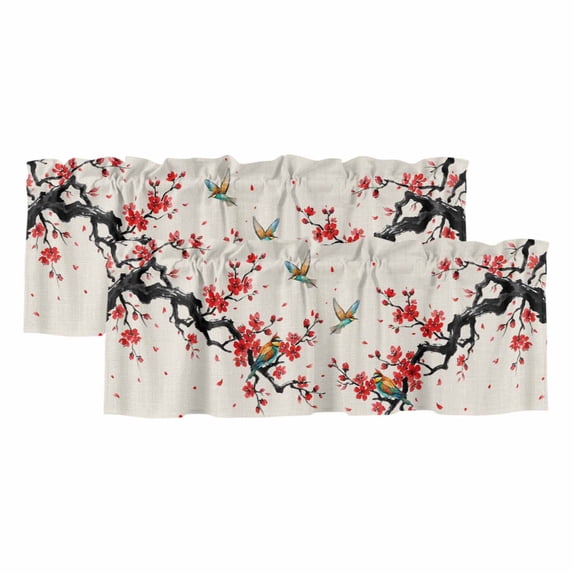Red Spring Floral Curtain Valances for Windows, Kitchen Valance Window Treatments Panel 2 Pack, Birds Branches Watercolor Flowers Rustic Rod Pocket Short Curtains for Bathroom Bedroom 60 x 18 Inch