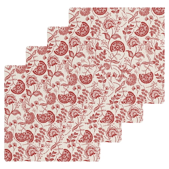 Red Spring Floral Dish Towels Set, Waffle Weave Kitchen Towels 4 Pieces, Summer Botanical Farmhouse Microfiber Hair Face Bath Tea Towel Absorbent Quick Drying Cleaning Dish Cloths, 12"x12"