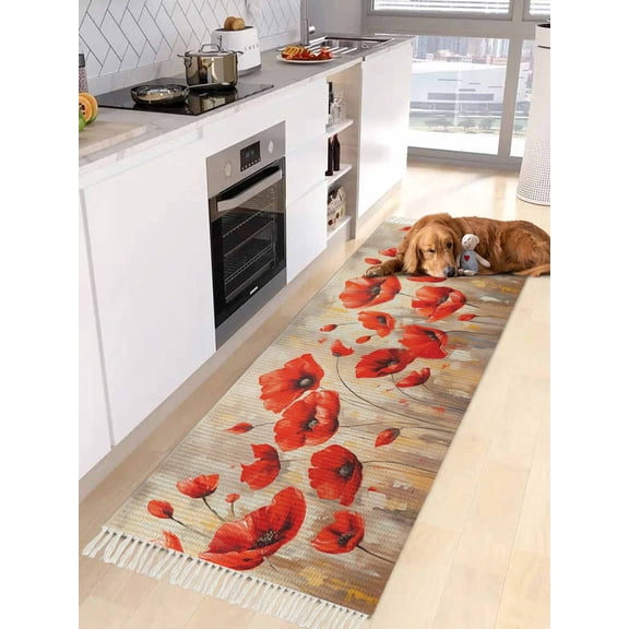Red Spring Floral Entryway Runner Rug 2x4ft,Summer Botanical Watercolor Vintage Washable Woven Living Room Hallway Bedroom Kitchen Carpet with Tassels,Indoor Outdoor Throw Door Mat for Entryway