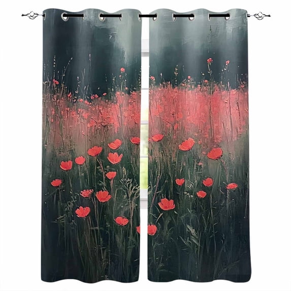 Red Spring Floral Kitchen Curtains Retro Oil Painting Botanical Cafe Short Curtains for Bathroom Blackout Window Curtain Grommet Small Window Treatment Tier Drapes for Bedroom Living Room 27.5"x39"x2