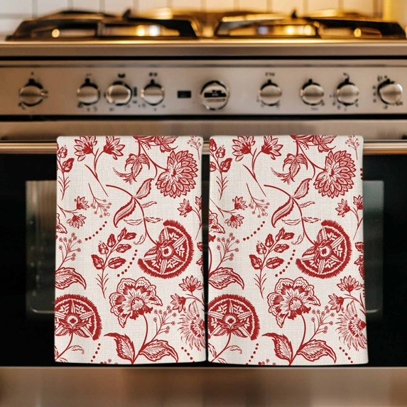Red Spring Floral Kitchen Towels Set of 1, Summer Botanical Farmhouse Absorbent Dish Towels for Kitchen, Microfiber Hand Towel, Quick Drying Tea Towel for Cleaning Decorative Dishcloths