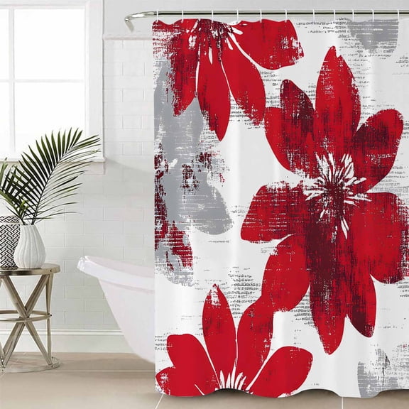 Red Spring Floral Long Shower Curtain Set, Waterproof Shower Curtains for Bathroom, Summer Flowers Botanical Washable Fabric Cloth Bath Curtain for Bathtub Decoration with Hooks 72x84 Inches