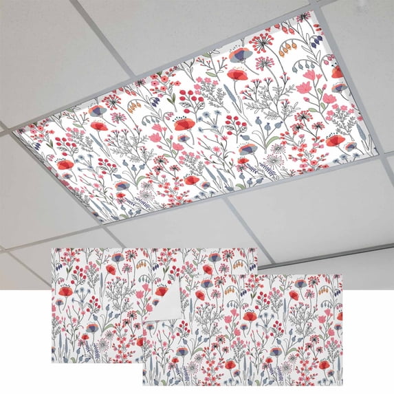 Red Spring Floral Magnetic Fluorescent Light Covers for Ceiling Lights 2x4Ft, Vintage Botanical Colorful Elegant Office Classroom Kitchen Drop Ceiling Light Covers Lighting Filters Shade Panel 2Packs