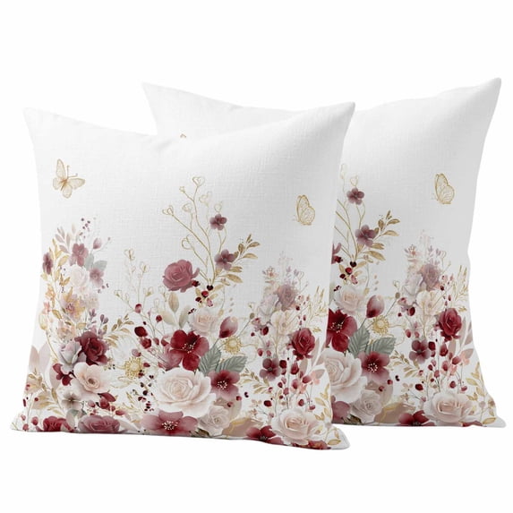 Red Spring Floral Outdoor Waterproof Pillow Covers, Elegant Pastoral Flowers Watercolor Decorative Square Throw Pillowcase Sofa Cushion Sham for Patio/Couch/Chair, 16"x16" 2 Pack