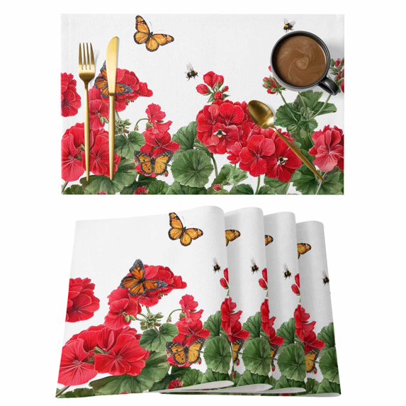 Red Spring Floral Placemats Set of 6, Butterfly Farmhouse Placemats for Dining Table, Place Mats for Kitchen Tabletop, Waterproof Wipeable Dining Table Mats Set