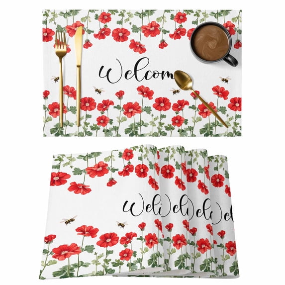 Red Spring Floral Placemats Set of 6 Welcome Botanical Summer Bee Place Mats Indoor Wipeable Table Mats Washable Cloth Dining Table Placemats for Kitchen Holiday Party Home Decor 13x19 Inch