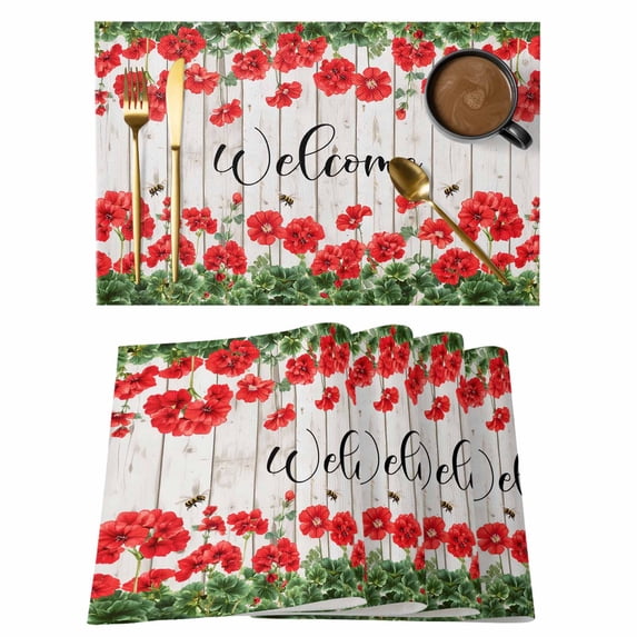 Red Spring Floral Placemats Set of 8 Welcome Green Botanical Vintage Place Mats Indoor Wipeable Table Mats Washable Cloth Dining Table Placemats for Kitchen Holiday Party Home Decor 13x19 Inch