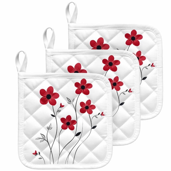Red Spring Floral Pot Holders for Kitchen Heatproof Potholder, 3 Pack Elegant Summer Botanical Pastoral Hot Pads Multipurpose Oven Pads Cloth Potholders Trivet for Cooking Baking