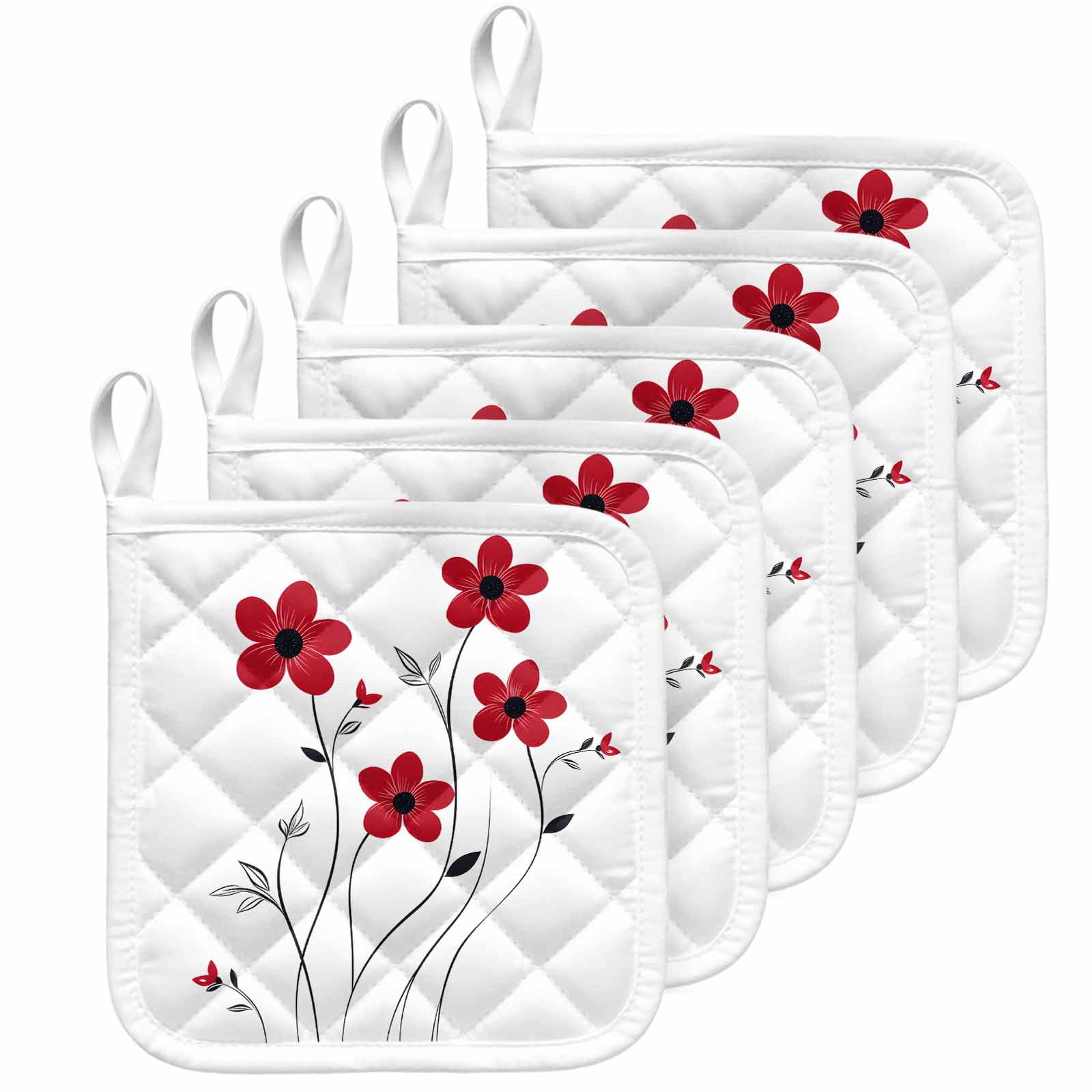Red Spring Floral Pot Holders for Kitchen Heatproof Potholder, 5 Pack Elegant Summer Botanical Pastoral Hot Pads Multipurpose Oven Pads Cloth Potholders Trivet for Cooking Baking