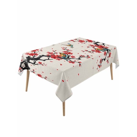 Red Spring Floral Rectangle Tablecloth, Birds Branches Watercolor Flowers Rustic Waterproof & StainResistant Tablecloth, Washable Oil-proof Table Cover for Dining/Party/Wedding/Buffet 54x108 In