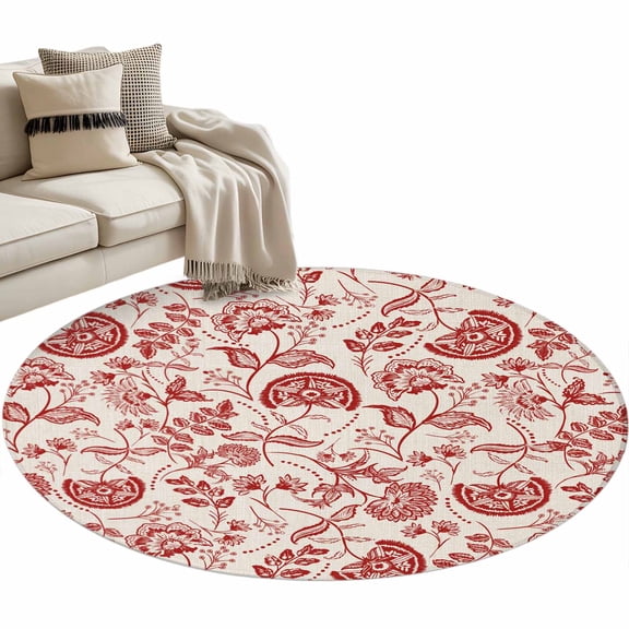 Red Spring Floral Round Area Rug 3 FT, Small Kitchen Bathroom Mat, Summer Botanical Farmhouse Washable Indoor Outdoor Throw Runner Carpet Non-Shedding Doormat for Table Shower Sofa Entryway