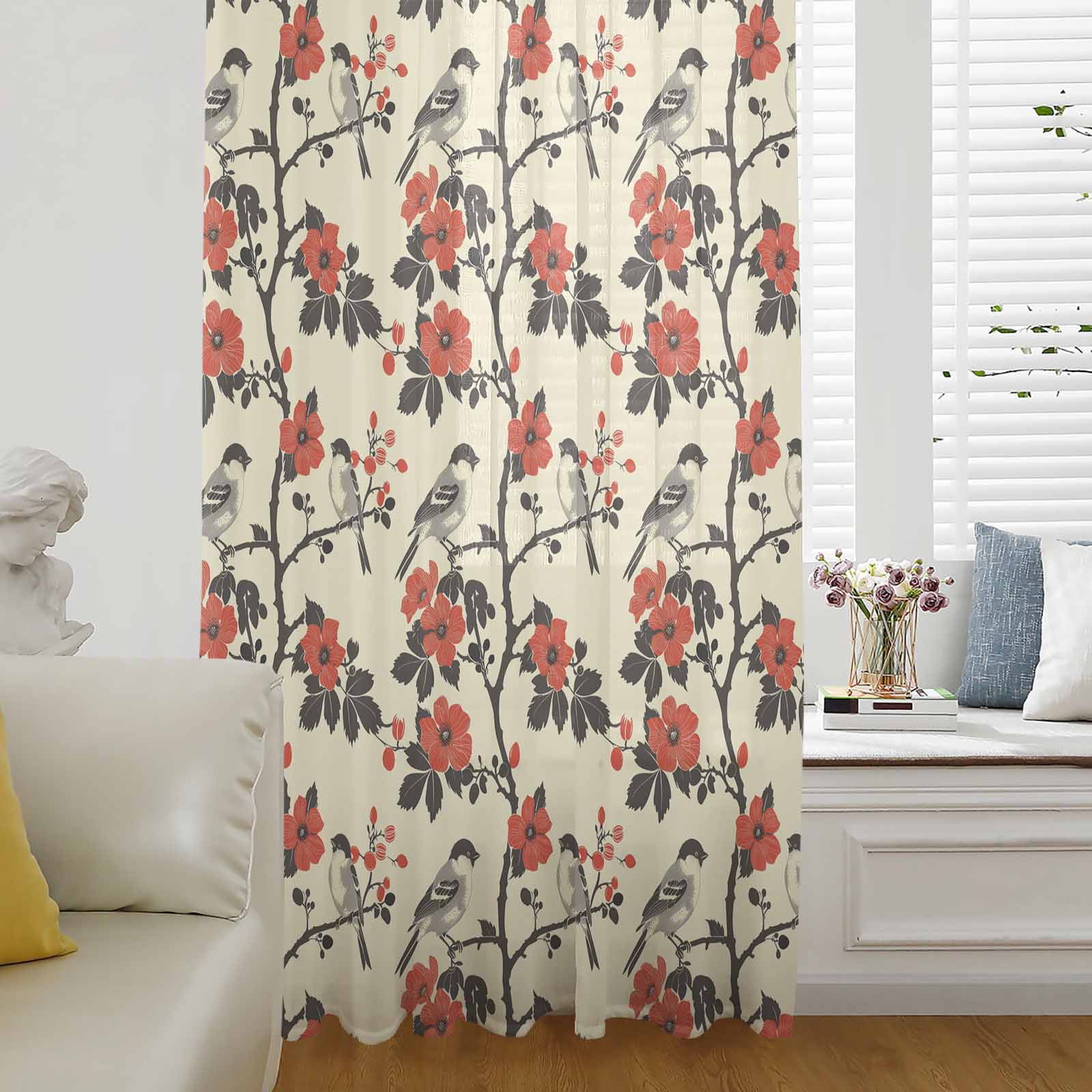 Spring Color Drape Red Spring Floral Semi Sheer Curtains Drapes for Living Room, Bedroom ...