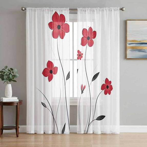 Red Spring Floral Semi Sheer Window Curtains 84 Inches Long, Pastoral Summer Botanical Elegant Rod Pocket Voile Chiffon Curtain Light Filtering Drapes for Living Room, Kitchen, 52"x84", 2 Panels