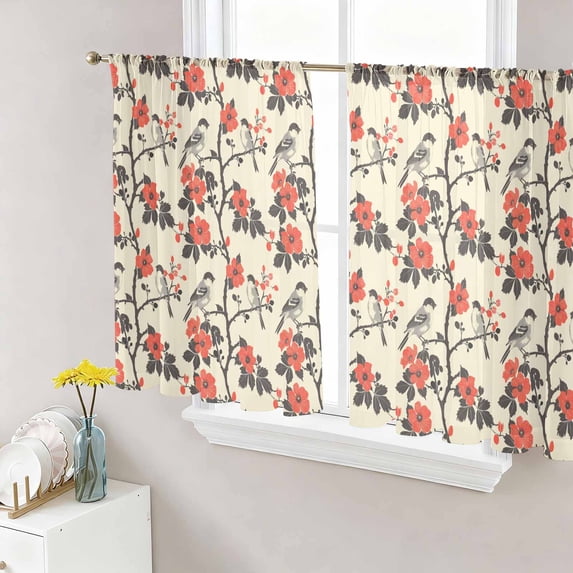 Red Spring Floral Sheer Curtains 54 Inch Length 2 Panels Set, Vintage Birds Summer Botanical Voile Window Treatment Rod Pocket Short Kitchen Curtains Drapes for Bedroom 52"x54"x2