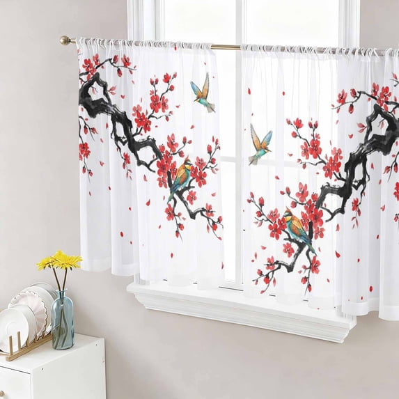 Red Spring Floral Sheer Curtains 54 Inches Length 2 Panels Set, Window Sheer Curtains for Living Room/Bedroom, Birds Branches Watercolor Flowers Light Filtering Rod Pocket Curtain 52''x54''x2