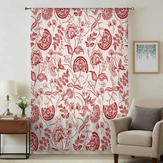 Red Spring Floral Sheer Curtains 54 Inches Long, Summer Botanical Farmhouse Light Filering Curtains, Breathable Simi Curtain Privacy Drapes for Kitchen Bathroom Nursery Small Window Treatment