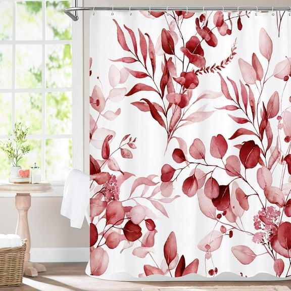 Red Spring Floral Shower Curtain, Modern Plants Botanical Fabric Cloth Shower Curtains for Chic Elegant Bathroom Decor, Summer Watercolor Eucalyptus Leaf, 72x72