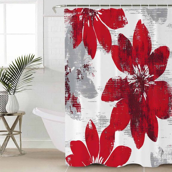 Red Spring Floral Small Stall Shower Curtain, Waterproof Shower Curtains for Bathroom, Summer Flowers Botanical Washable Fabric Cloth Bath Curtain for Bathtub Decoration with Hooks 36x72 Inches