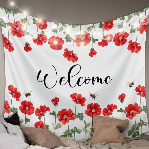 Red Spring Floral Small Tapestry for Bedroom Wall Hanging Tapestry, Welcome Botanical Summer Bee Ceiling Backdrop Tapestries Poster Blanket Wall Decor for Teens Room Living Room Dorm 23" x 28"
