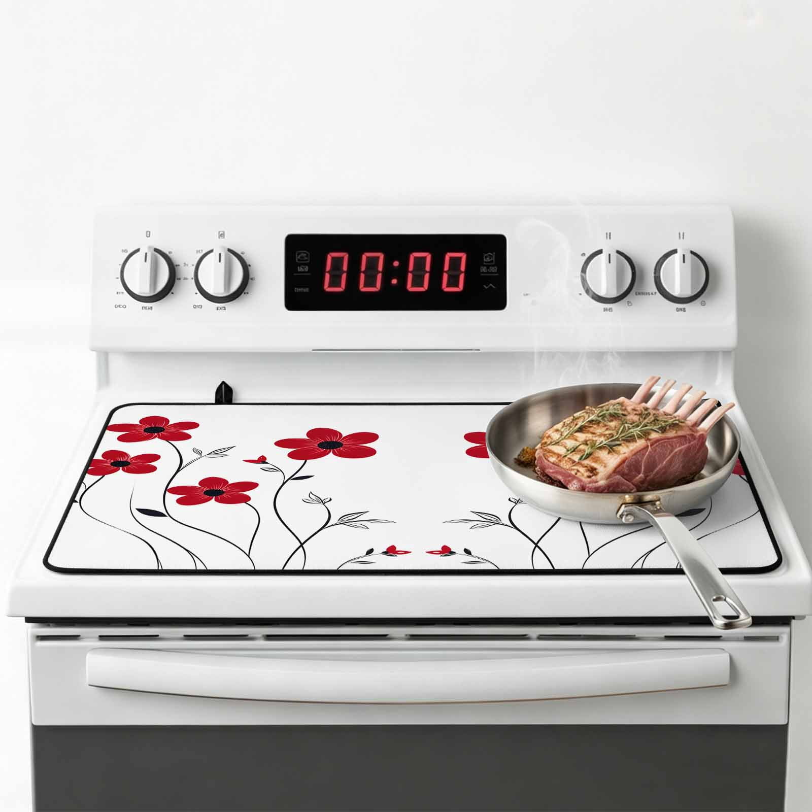 Red Spring Floral Stove Top Cover for Electric Stove, Heat-proof & Non Slip Glass Top Stove Cover Protector, Elegant Summer Botanical Pastoral Kitchen Flat Cooktop Rubber Mat 24x21 Inches