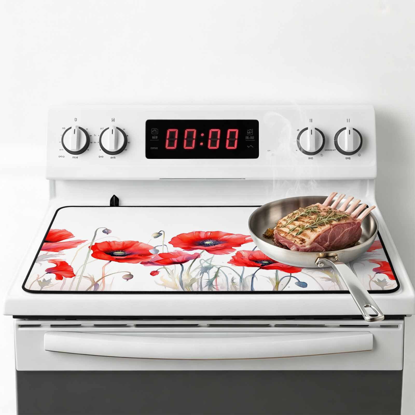 Red Spring Floral Stove Top Cover for Electric Stove, Heat-proof & Non Slip Glass Top Stove Cover Protector, Pastoral Botanical Summer Elegant Kitchen Flat Cooktop Rubber Mat 24x21 Inches