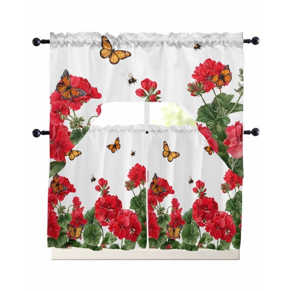 Red Spring Floral Swag Curtains for Living Room/Bedroom Windows, Butterfly Farmhouse Kitchen Curtains and Valances Set 36 Inch Length, Light Filtering Swags Valance Curtain Panels