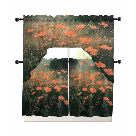Red Spring Floral Swag Kitchen Curtains Sets for Windows 24 Inch Length, Modern Oil Painting Botanical Short Window Curtain Panels Swags Valances and Tiers 3 Piece Set for Cafe/Dining Room