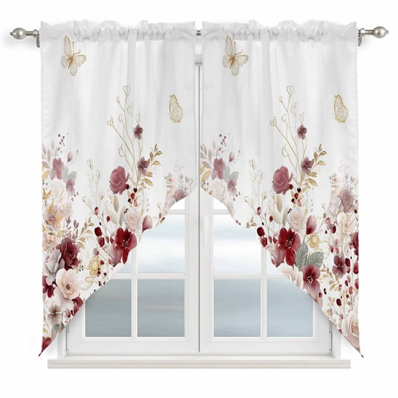 Red Spring Floral Swag Valances for Windows, Kitchen Curtains 36 Inch Length 2 Panels Set, Elegant Pastoral Flowers Watercolor Short Curtains for Small Windows Rod Pocket Cafe Curtains Drapes 28"x36"