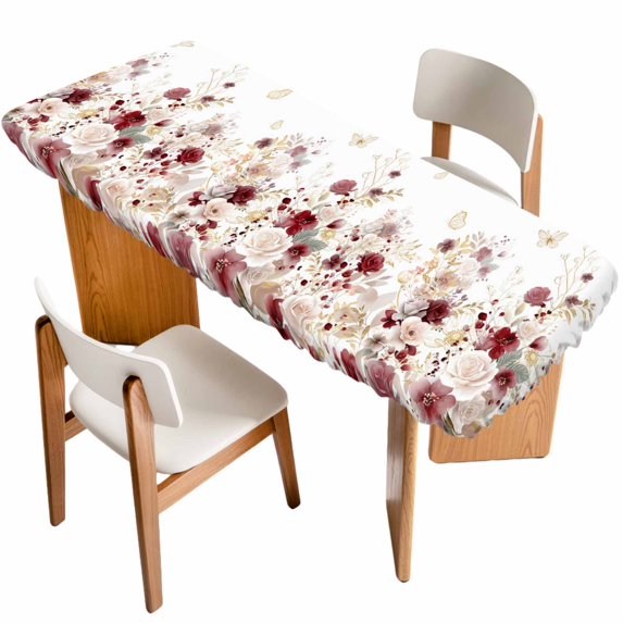 Red Spring Floral Table Cloths for 8 Foot Rectangle Tables, Elegant Pastoral Flowers Watercolor Patio Waterproof Elastic Fitted Tablecloths, Washable Rectangular Table Cover for Camping