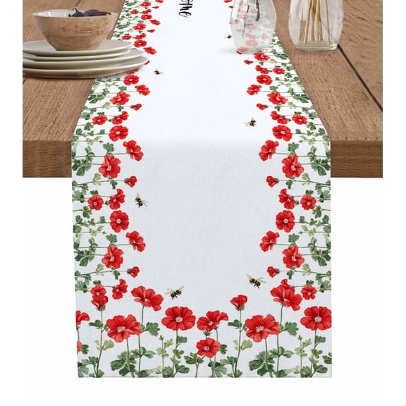 Red Spring Floral Table Runner Cotton Linen 72 Inch Holiday Dresser Scarves, Welcome Botanical Summer Bee Tablerunner for Kitchen Coffee Dining Bedroom Home Living Room Dinner Scarf Décor 13''x72''