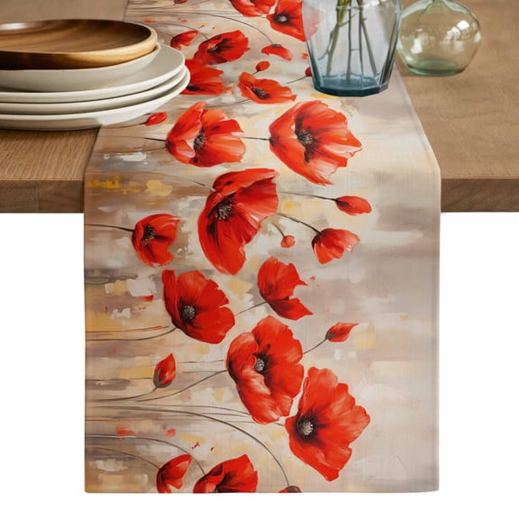 Red Spring Floral Table Runner, Summer Botanical Watercolor Vintage Washable Cotton Linen Table Runners 36 Inches Long, Dresser Scarf Runner for Nightstand/End Tables/Round Tables 13''x36''