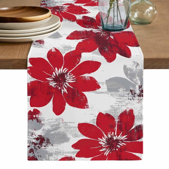 Red Spring Floral Table Runner, Summer Flowers Botanical Washable Cotton Linen Table Runners 36 Inches Long, Dresser Scarf Runner for Nightstand/End Tables/Round Tables 13''x36''
