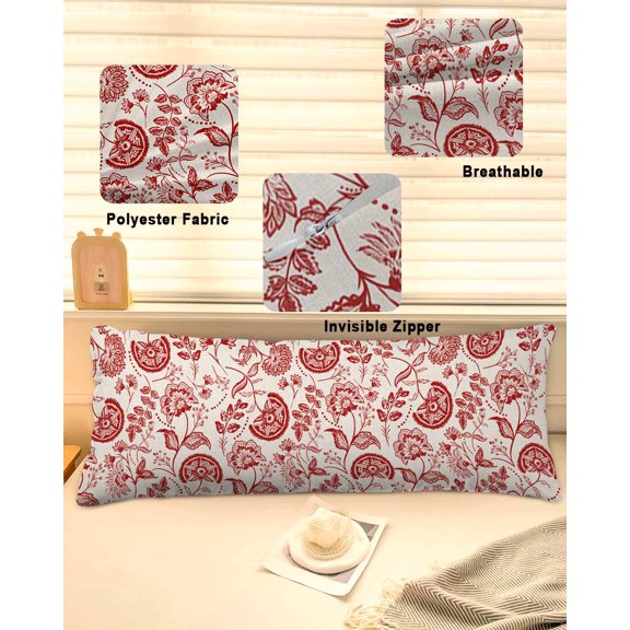 Red Spring Floral Throw Pillow Covers, Summer Botanical Farmhouse Soft Breathable Pillow Cases with Invisible Zipper for Sleeping, Long Body Pillowcases for Couch Bed Sofa Chair 20x54 Inches